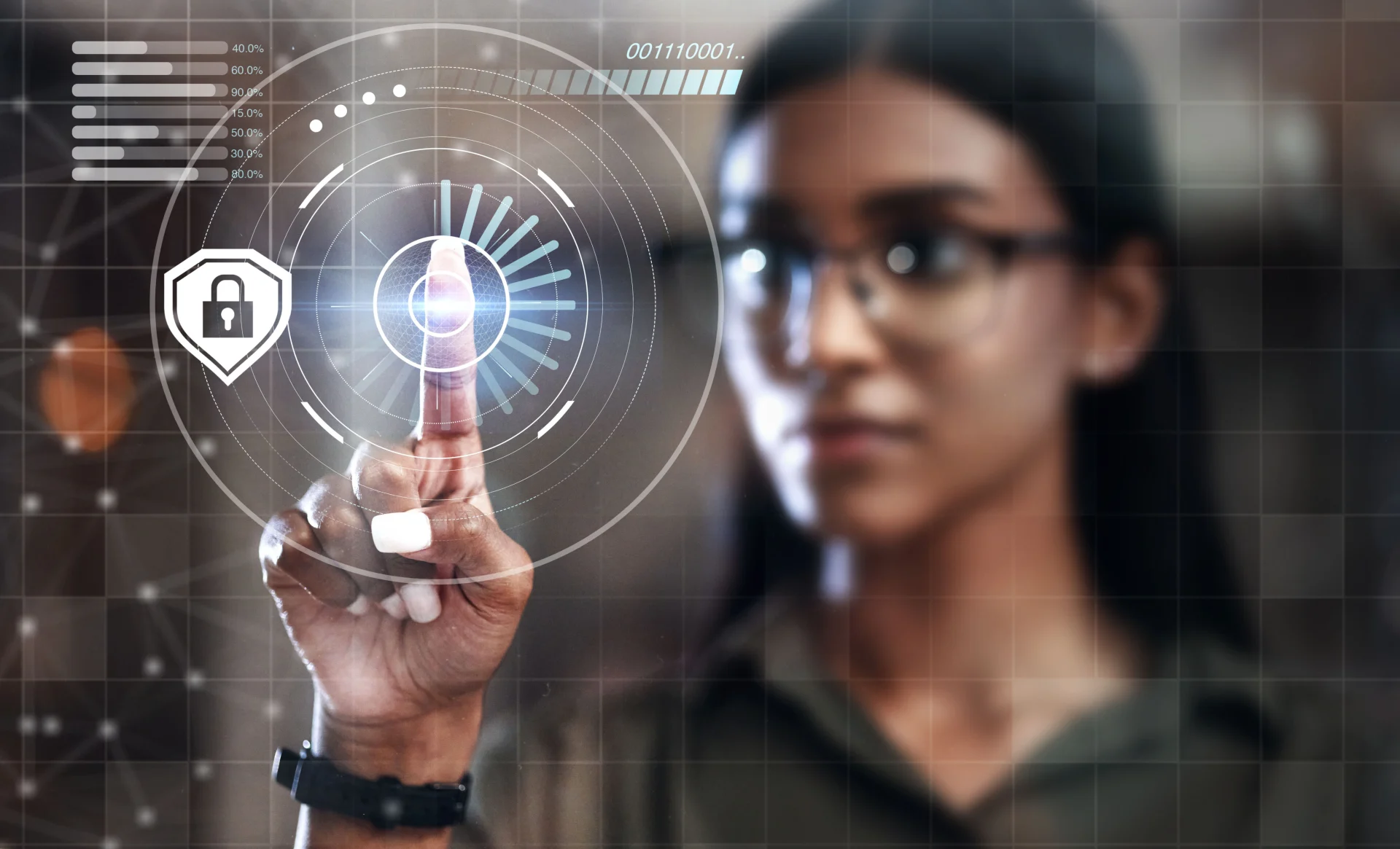 woman using biometric fingerprint scan security interface